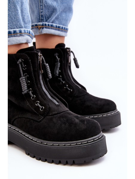 Women's Suede Trapper Boots with Thick Sole and Zipper Black Edivame
