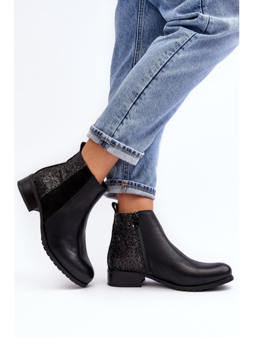 Women's Ankle Boots Flat Heel With Sequins Black Messio