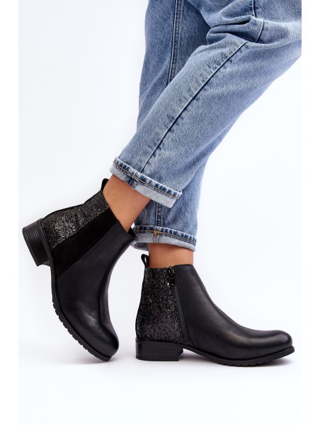 Women's Ankle Boots Flat Heel With Sequins Black Messio