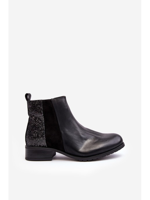 Women's Ankle Boots Flat Heel With Sequins Black Messio