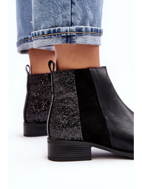 Women's Ankle Boots Flat Heel With Sequins Black Messio