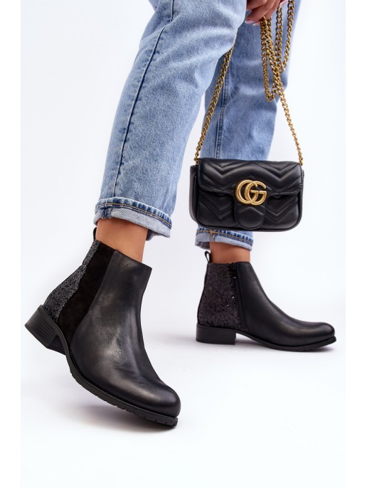 Women's Ankle Boots Flat Heel With Sequins Black Messio