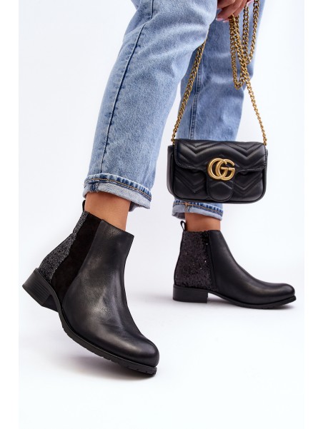 Women's Ankle Boots Flat Heel With Sequins Black Messio