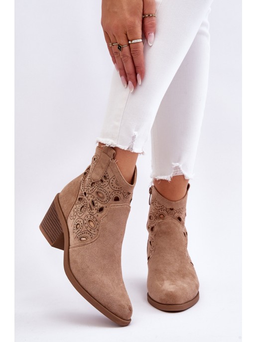 Women's Suede Openwork Cowboy Boots Beige Daxon