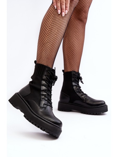 Women's Lace-up Ankle Boots with Sock Black Dedinva