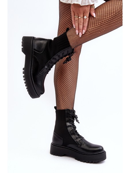 Women's Lace-up Ankle Boots with Sock Black Dedinva