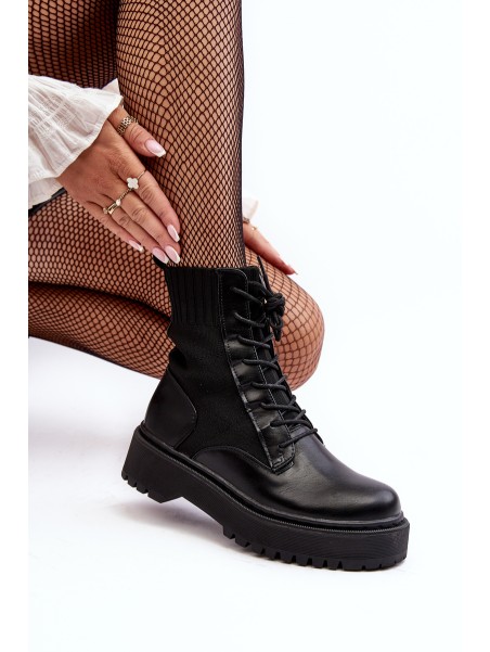 Women's Lace-up Ankle Boots with Sock Black Dedinva