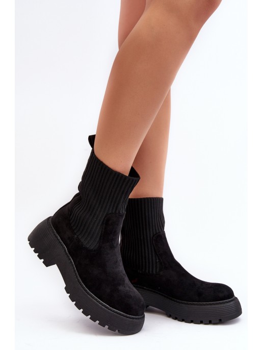 Women's Suede Boots with Sock on Platform and Flat Heel Black Rewam Women's Suede Boots with Sock on Platform and Flat Heel Black Rewam
