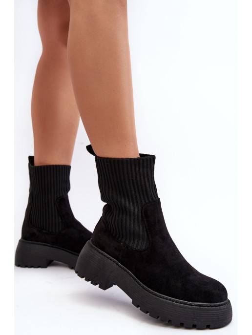 Women's Suede Boots with Sock on Platform and Flat Heel Black Rewam Women's Suede Boots with Sock on Platform and Flat Heel Black Rewam