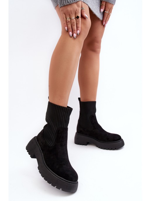 Women's Suede Boots with Sock on Platform and Flat Heel Black Rewam Women's Suede Boots with Sock on Platform and Flat Heel Black Rewam