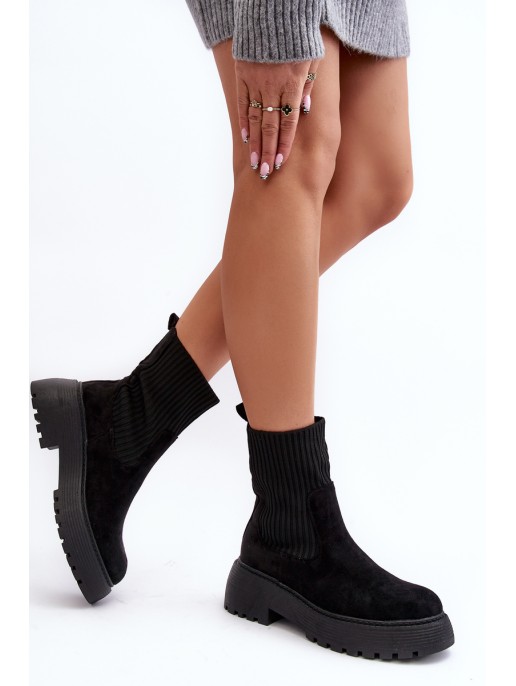 Women's Suede Boots with Sock on Platform and Flat Heel Black Rewam Women's Suede Boots with Sock on Platform and Flat Heel Black Rewam