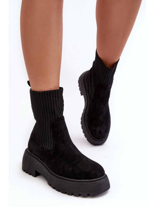 Women's Suede Boots with Sock on Platform and Flat Heel Black Rewam Women's Suede Boots with Sock on Platform and Flat Heel Black Rewam