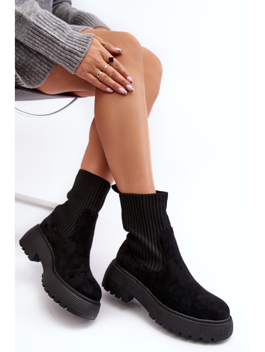 Women's Suede Boots with Sock on Platform and Flat Heel Black Rewam Women's Suede Boots with Sock on Platform and Flat Heel Black Rewam