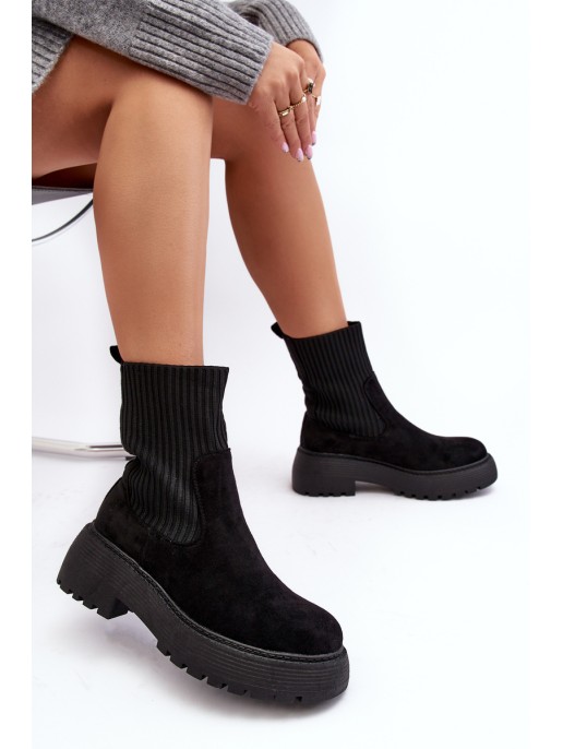 Women's Suede Boots with Sock on Platform and Flat Heel Black Rewam Women's Suede Boots with Sock on Platform and Flat Heel Black Rewam