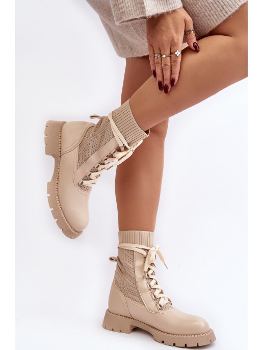 Women's lace-up ankle boots with sock in light beige Gentiana Women's lace-up ankle boots with sock in light beige Gentiana