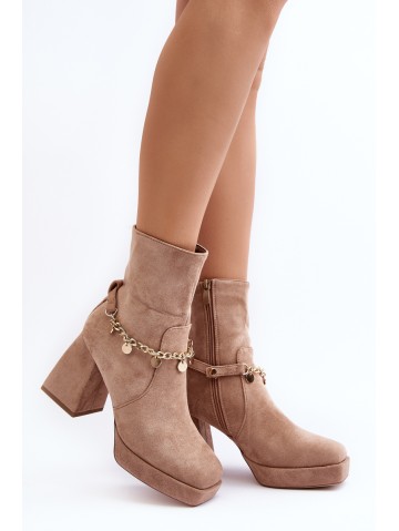 Women's Ankle Boots with Chunky Heel and Chain Beige Tiselo 2