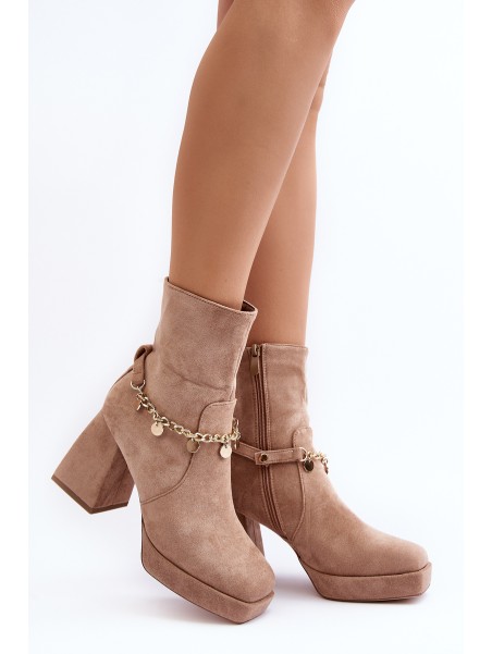 Women's Ankle Boots with Chunky Heel and Chain Beige Tiselo