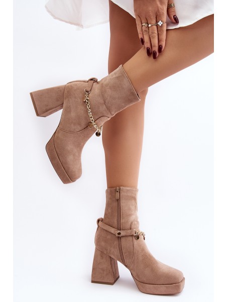 Women's Ankle Boots with Chunky Heel and Chain Beige Tiselo
