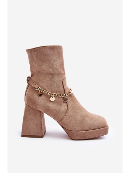 Women's Ankle Boots with Chunky Heel and Chain Beige Tiselo