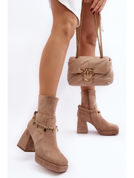 Women's Ankle Boots with Chunky Heel and Chain Beige Tiselo