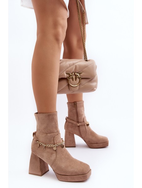 Women's Ankle Boots with Chunky Heel and Chain Beige Tiselo