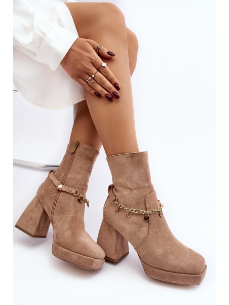 Women's Ankle Boots with Chunky Heel and Chain Beige Tiselo