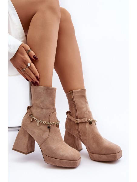 Women's Ankle Boots with Chunky Heel and Chain Beige Tiselo