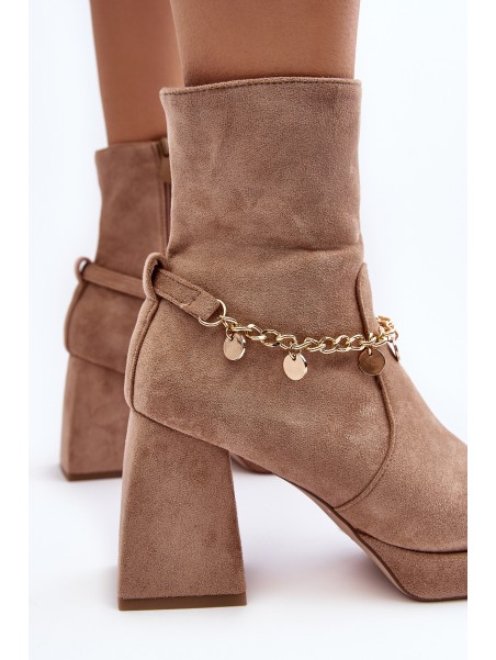 Women's Ankle Boots with Chunky Heel and Chain Beige Tiselo