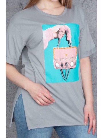 Pelēks T-krekls ar īsām piedurknēm ar aplikāciju 2