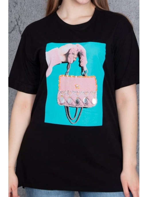 Juodi moteriški marškinėliai su aplikacija Juodi moteriški marškinėliai su aplikacija