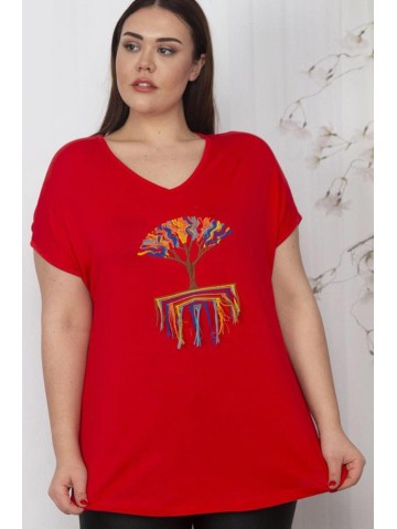 Sarkana blūze ar aploksnes kakla izgriezumu