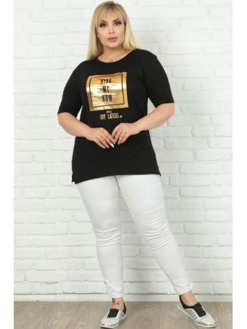 Melns viskozes T-krekls ar spīdīgu aplikāciju 2