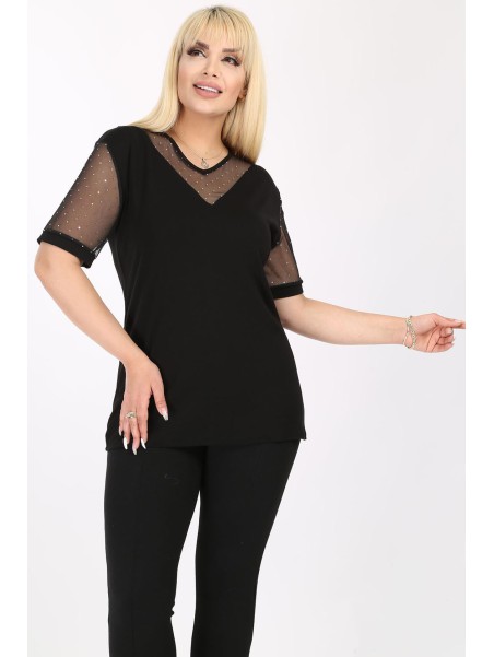 Eleganta melna blūze ar mežģīņu piedurknēm