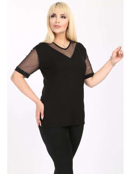 Eleganta melna blūze ar mežģīņu piedurknēm