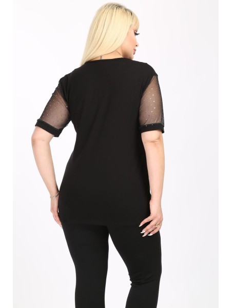 Eleganta melna blūze ar mežģīņu piedurknēm