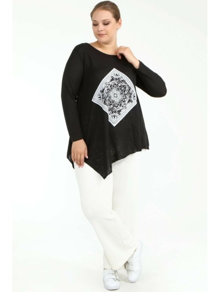 Melna blūze ar garām piedurknēm ar ornamentu