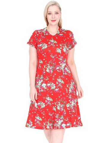 Raudona viskozės suknelė su gėlytėmis