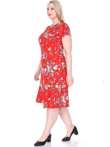 Raudona viskozės suknelė su gėlytėmis