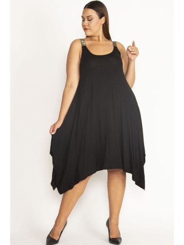 Asimetriška juoda suknelė ant petnešėlių 2