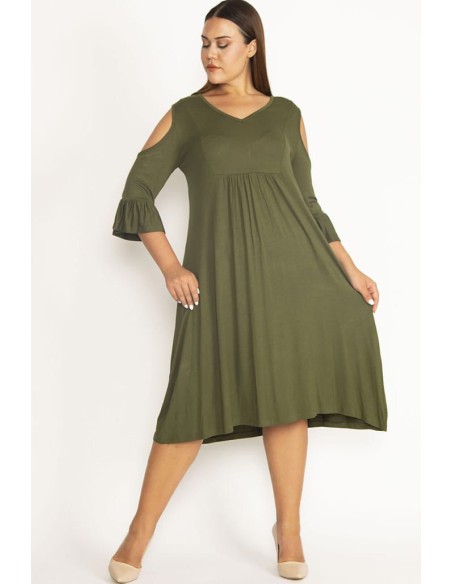 Haki krāsas kleita ar atvērtiem pleciem