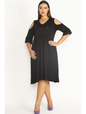 Must viskoosist lahtiste õlgadega kleit 2