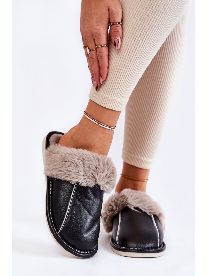 Women's Leather Slippers With Fur Black Rossa