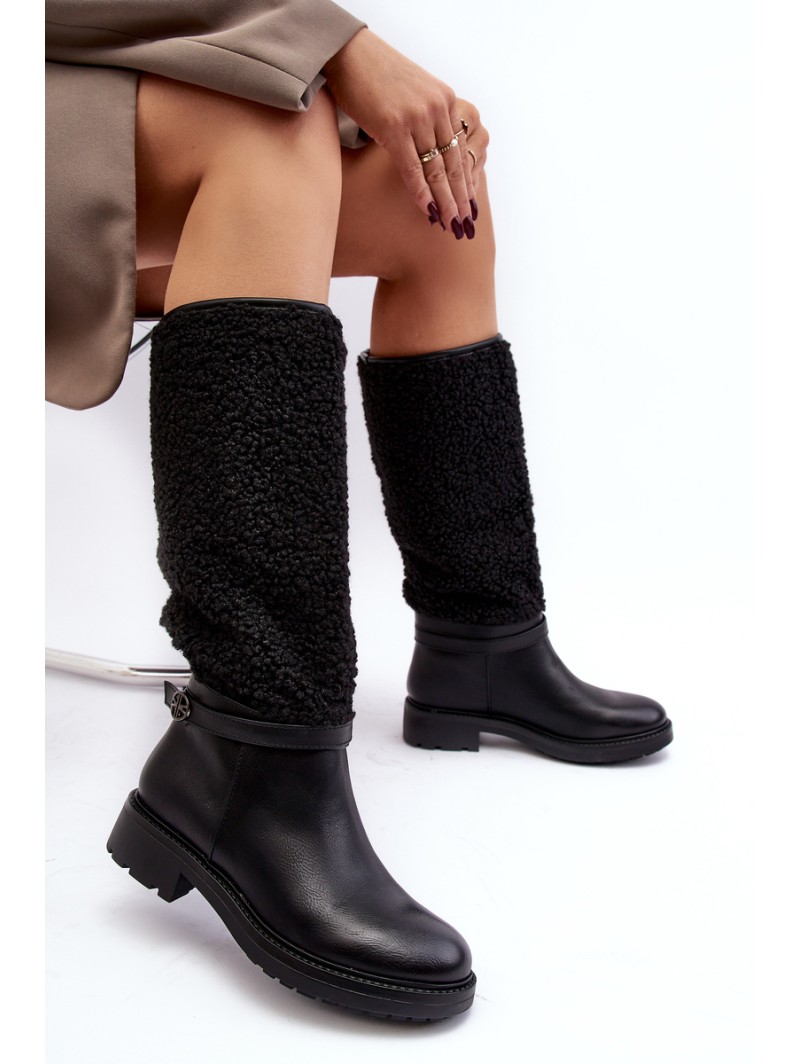 Women's Over-the-Knee Boots with Sheepskin Type Fleece Black Bellama