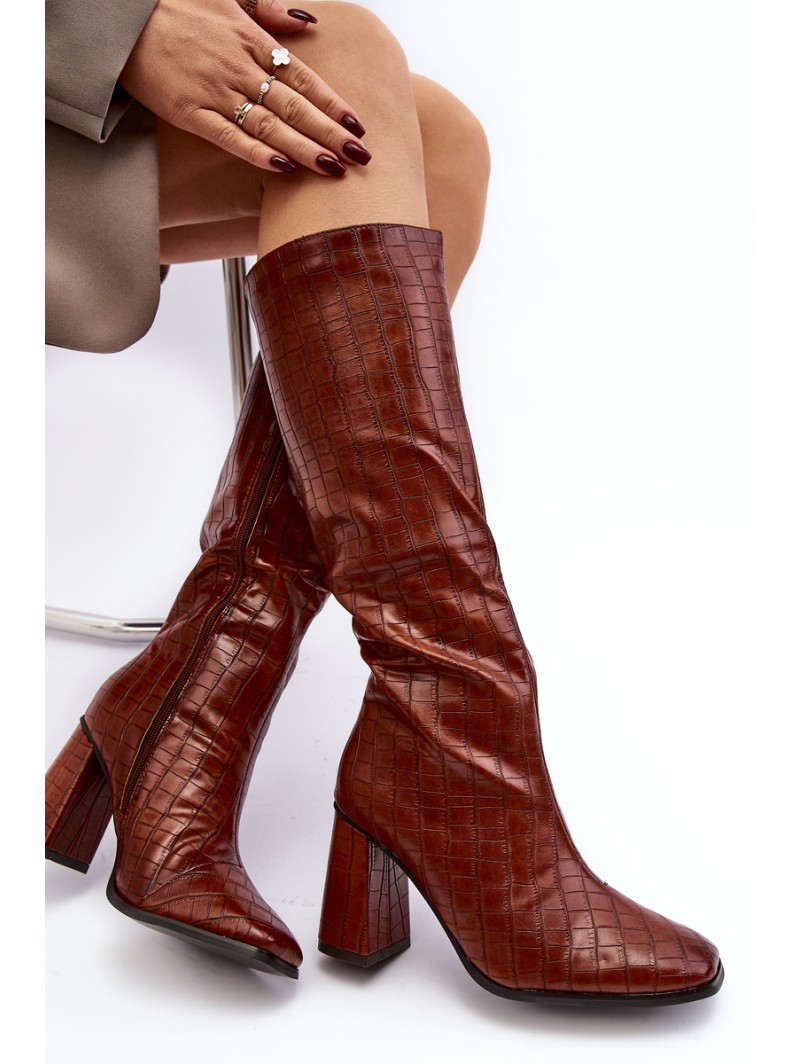 Women's Boots with Stiletto Heel and Decorative Embossing Brown Vabaria