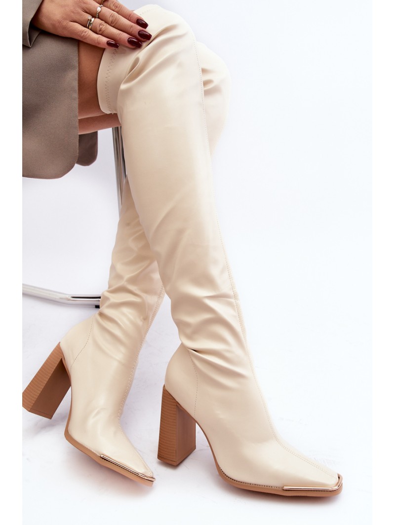 Women's Over-the-Knee Boots with Block Heel Beige Orcella