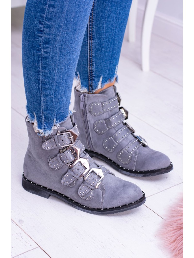 Lu Boo Dark Grey Virginia Rock Star Boots Rivet Buckles Suede