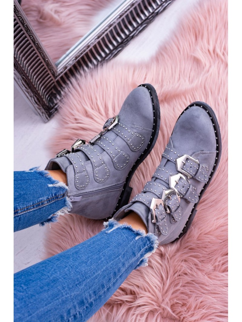 Lu Boo Dark Grey Virginia Rock Star Boots Rivet Buckles Suede