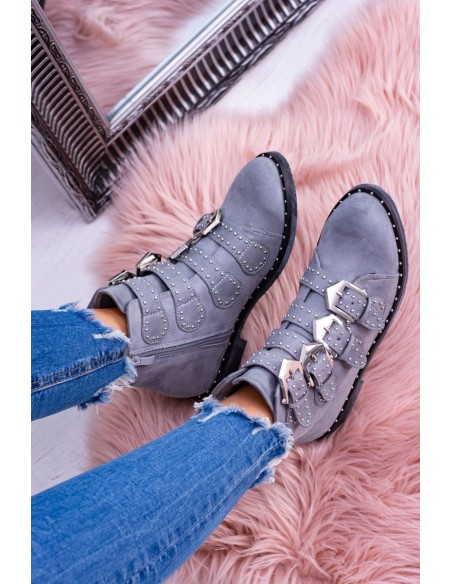 Lu Boo Dark Grey Virginia Rock Star Boots Rivet Buckles Suede