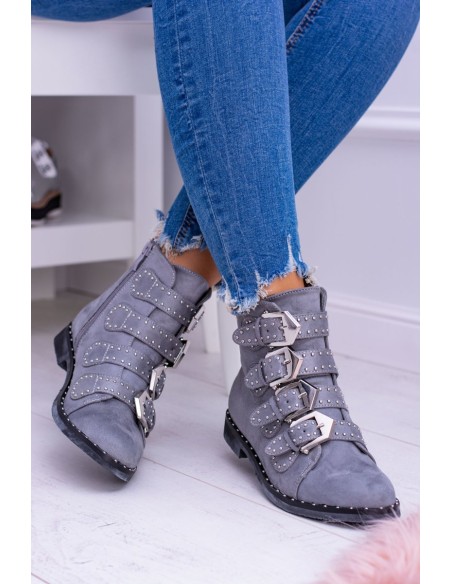 Lu Boo Dark Grey Virginia Rock Star Boots Rivet Buckles Suede