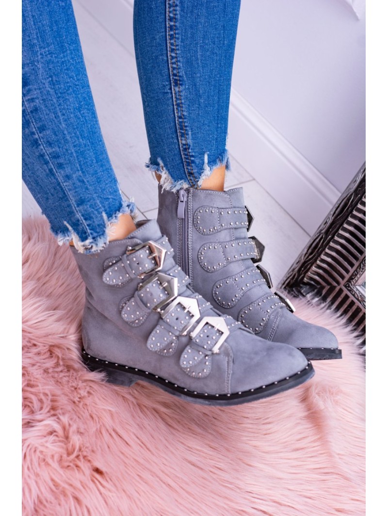 Lu Boo Dark Grey Virginia Rock Star Boots Rivet Buckles Suede
